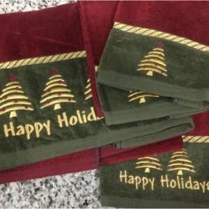 Happy Holiday - Christmas Trees Embroidered Bath Towels - Claret NWT
